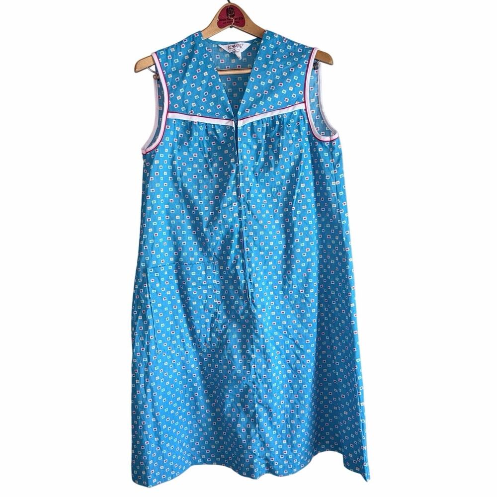 Vintage komar blue geometric squares retro print house dress sleeveless USA M